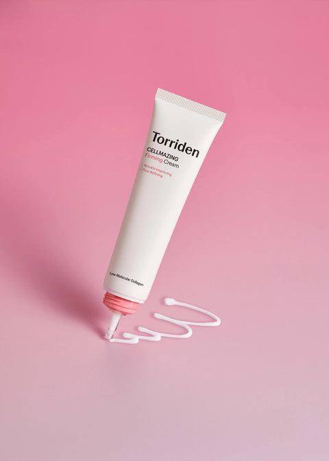 Torriden Cellmazing Firming Cream tube against pink background